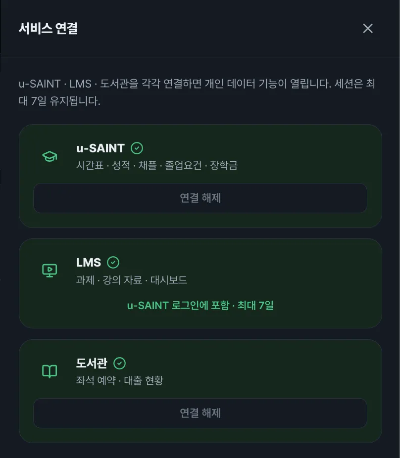 u-SAINT, LMS와 도서관의 연결 상태와 제공 기능을 보여주는 ssuAI 서비스 연결 화면